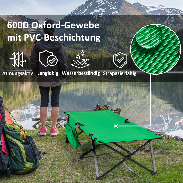 Outsunny Folding Camping Bed - Supports up to 136 kg - Folding Field Bed with Side Pocket - Oxford Green & Black - 200 x 73 x 49 cm - for Outdoor & Travel