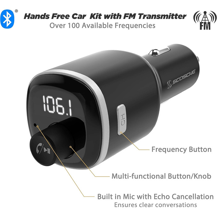Універсальний Bluetooth-адаптер Scosche для авто з FM-трансмітером, гучним зв'язком і подвійним USB, чорний
