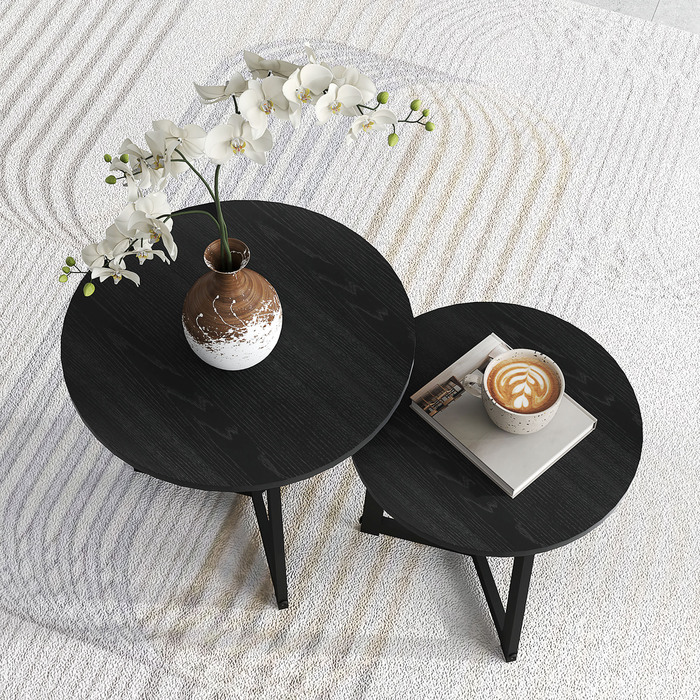 HOMCOM 2-Piece End Table Set, Round Side Table, Coffee Table with Steel Frame, Sofa Table with Modern Design, for Living Room, Holds up to 35 kg, Black | Aosom