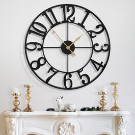 HAITANG Large Vintage Wall Clock, round, metal silent (no ticking), battery-powered, 40cm, 16 inch Roman numerals, clocks for living room, bedroom, kitchen wall decor (Black Arabic numerals, 80 cm)