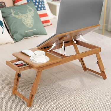 Бамбуковий портативний стіл-підставка для ноутбука з ящиком та вентиляційними отворами, регульований, багатофункціональний для ліжка та дивану