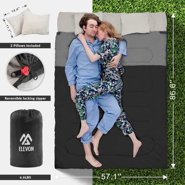 Спальний мішок Elevon для дорослих, підлітків та дітей, для холодної та теплої погоди, водонепроникний, легкий, компактний з компресійним мішком, для 3-4 сезонів, кемпінг, рюкзак, туризм, подорожі, зелений (2 особи, 1 шт., чорний)