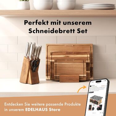 Набір ножів Edelhaus 9 предметів з бруском та інтегрійом точилом. Професійний набір кухонних ножів з нержавіючої сталі X50CRMOV15, з нержавіючими ручками, з ножицями та дерев'яним блоком з акації.