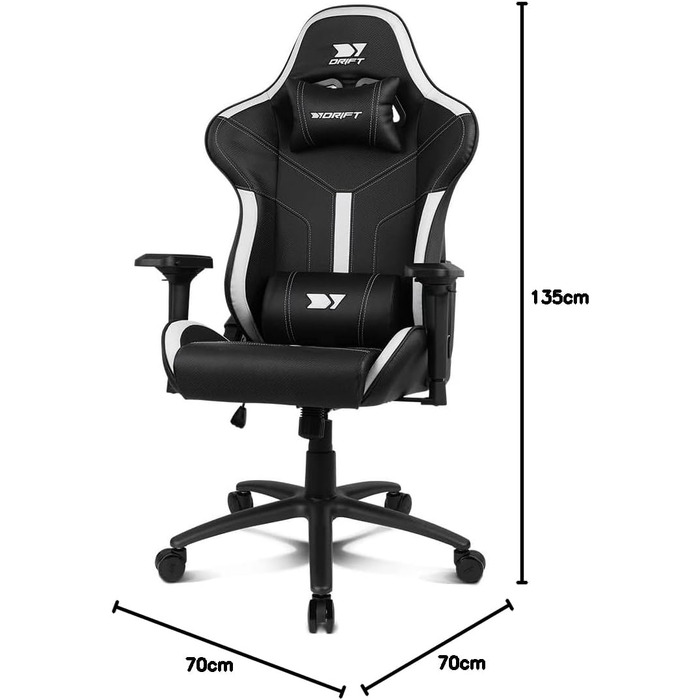 Професійне ігрове крісло DRIFT GAMING DR350 ергономічне, з 4D-підлокітниками, подушками під поперек та шию, нахил 135°, безшумні колеса, чорно-біле