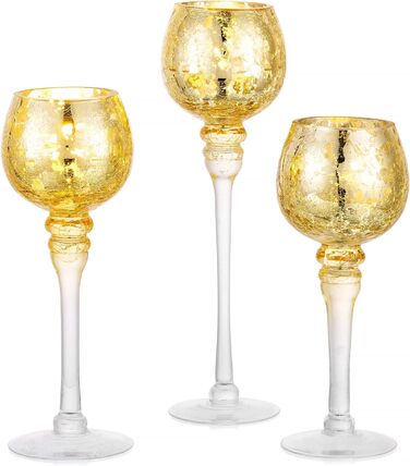 Romadedi Tealight Holder Candle Stand Glass - Lantern Tealight Holder Decoration Queck 3-Piece Set 23.5/25.5/31.5 cm for Tealights, Votive Candles, Pillar Candles, Living Room Table Decoration, Wedding (Gold)