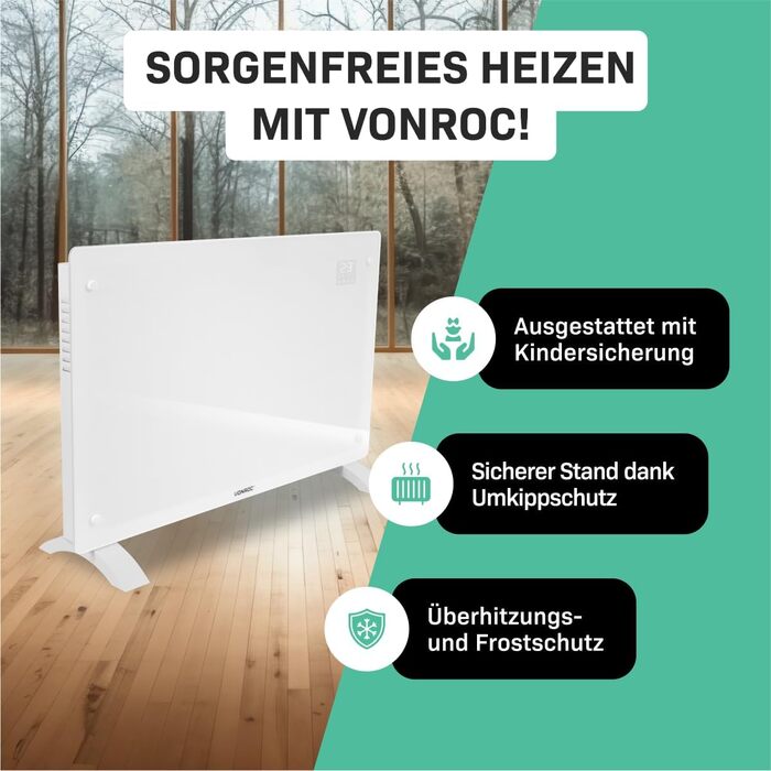 Електричний конвекторний обігрівач VONROC 2000W - для кімнат до 24м² - настінний/підлоговий монтаж, ручне/APP керування, білий