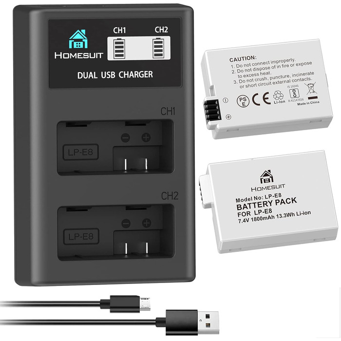 Акумулятор LP-E8 1800mAh та LED-зарядний пристрій для Canon EOS Rebel T2i T3i T4i T5i EOS 550D 600D 650D 650D 700D Kiss X4 X5 X6 X6i X7i (2 шт. акумулятори + 1 зарядний пристрій)
