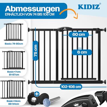 Захист для сходів KIDIZ без свердління | Ширина регулюється: 74-80 см, висота 75 см | Захист для дітей та собак, двостороннє відкривання однією рукою, система Open-Stop 90°, (Чорний, 102 - 108 см)