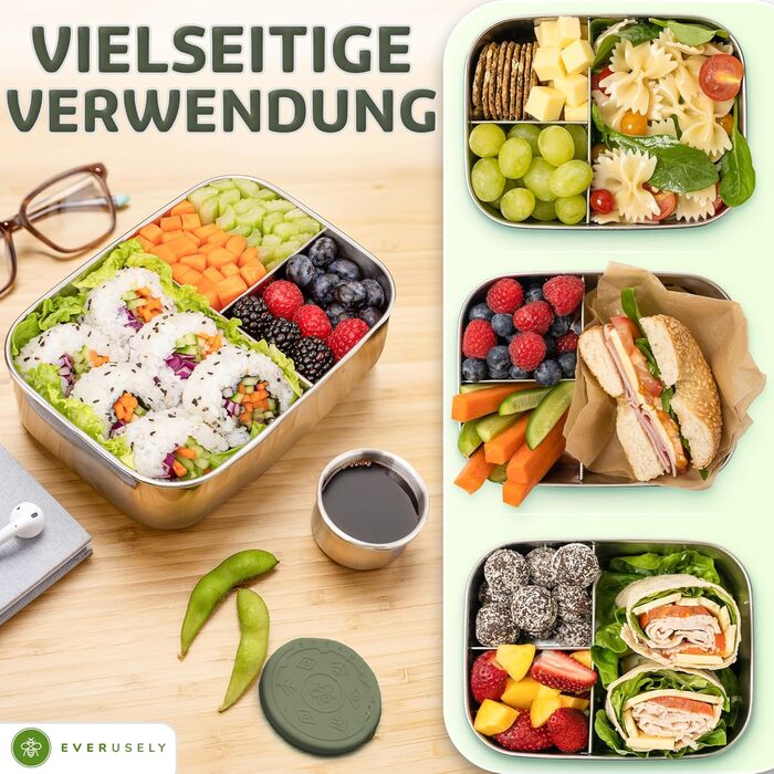 Бенто-бокс Everusely 0.8L з нержавіючої сталі з контейнером для спецій та органайзером для перекусів (3 відділення)