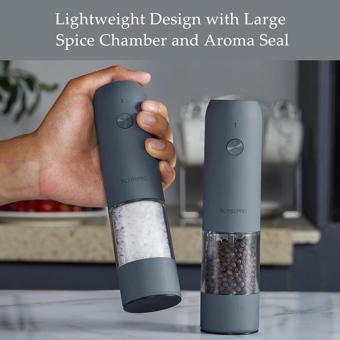 TLYSXPRO Salt and Pepper Grinder Electric 2-Piece Set, USB Rechargeable, Adjustable Coarseness Spice Grinder, Electric Pepper Grinder with LED Light, Cleaning Brush, Kitchen Appliances, Black