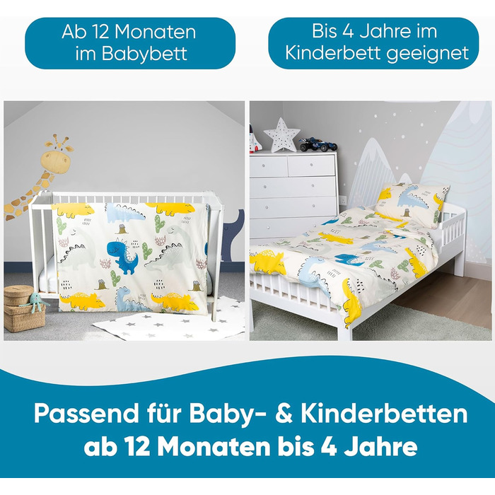 Комплект постільної білизни для ліжечка Kinderbettwäsche з динозаврами 100x135/40x60, 100% бавовна, для хлопчиків, прання при 60°C