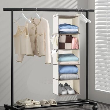 Організатор для шафи Cozary з 5 відділеннями, складаний, з металевими гачками (Бежевий)