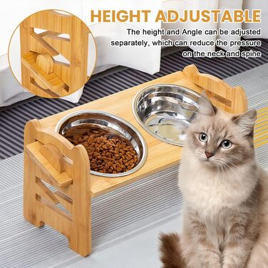 Підвищена годівниця для собак з бамбука з регулюванням висоти, 2 миски з нержавіючої сталі, нахилена годівниця для собак та котів, міцна