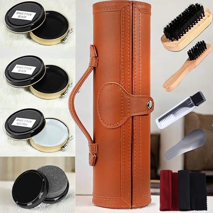 FGXY Shoe Care Set, 11-Piece Shoe Care Set Shoe Polish Travel Set with Brush Horsehair Shoe Cream Wood Applicator Brushes Shoehorn (10 Pcs)