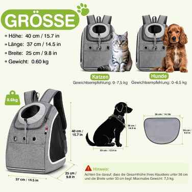 Рюкзак-переноска для собак та котів ALLSOPETS: зручний та дихаючий рюкзак для подорожей з великими котами та маленькими собаками (Світло-сірий)