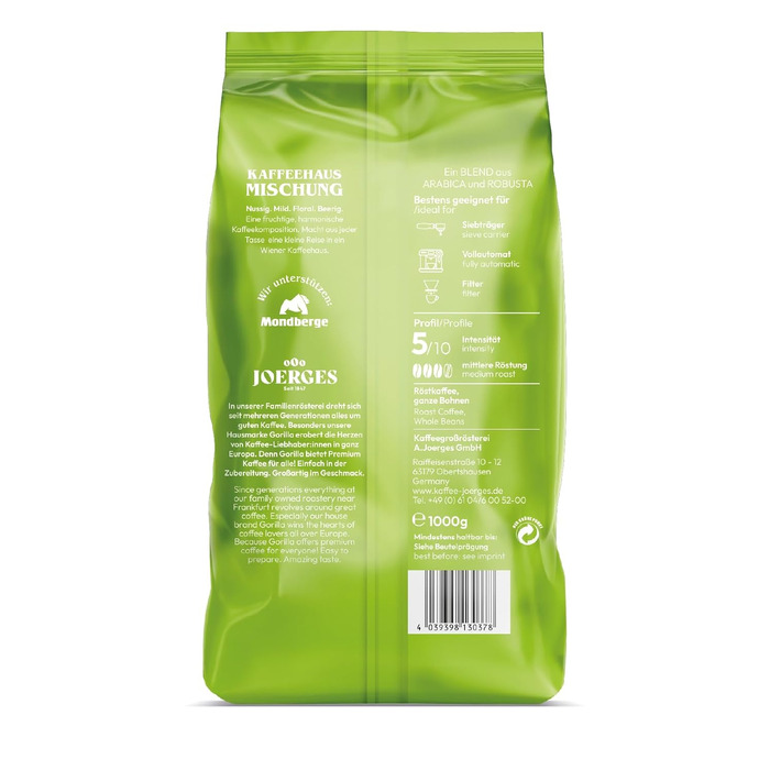 Кава в зернах Joerges GORILLA Super Bar Crema, темне обсмаження (шоколад, горіхи), 1 кг