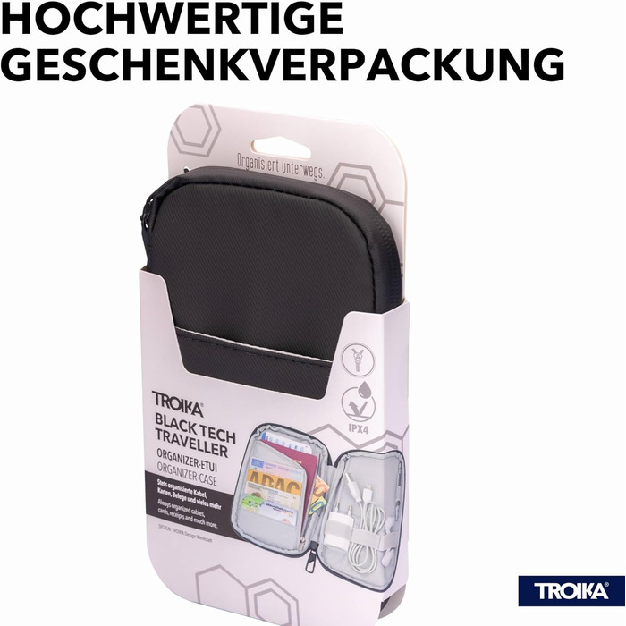 TROIKA Smart Traveller and Cable Organizer Black TECH Traveller – Front Pocket, Zip Pocket, Card Slots – Polyester, Polyurethane, Tarpaulin (Canvas) – Black Original