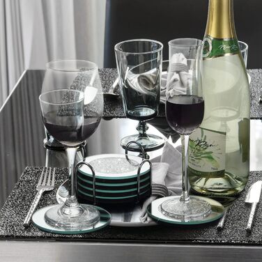 7-Piece Glass Coaster Set, 6 Crystal Coasters with Holder for Drinks, Silver, Glitter, Table, Bar Accessories (round)