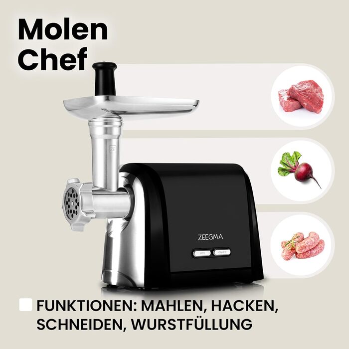 ZEEGMA Electric Meat Grinder - 1900W, Stainless Steel Plates, 3kg/min, Sausage Maker, Kubbe, Chopping, Dicing, REV Function, Accessory Kit