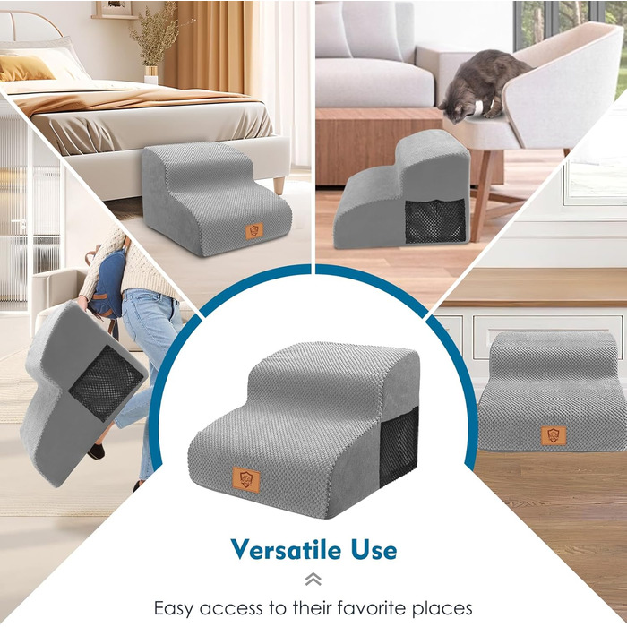 Myiosus Dog Stairs for Bed, 2-Step Foam Pet Stairs for Sofa with Removable Waterproof Cover, Non-Slip Dog Ramp Ladder for Small Dogs and Cats, 40 x 40 x 30 cm, Black (Grey Dog Stairs)