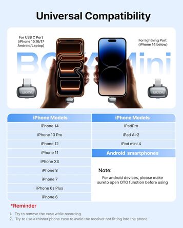 BOYA MINI 2: Портативний мікрофон з USB-C, 48kHz/24Bit, 100м, 30год, для iPhone, Android, Vlogging, YouTube, інтерв'ю (Space Silver)