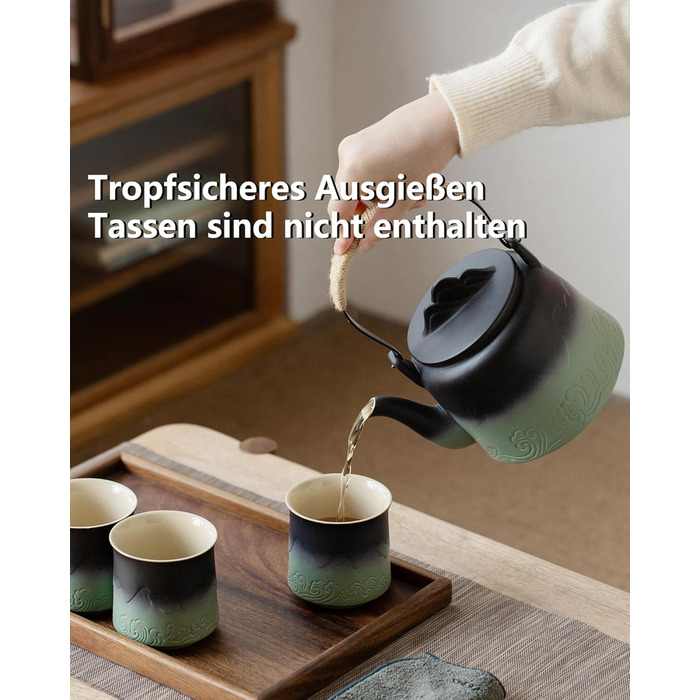 ZENS Design Japanese Teapot, 1000ml Gradient Embossed Japanese Teapot Ceramic with Built-in Strainer and Hemp Rope Handle for Loose Tea Steeper, Gift for Tea Lovers, Black & Bean Green