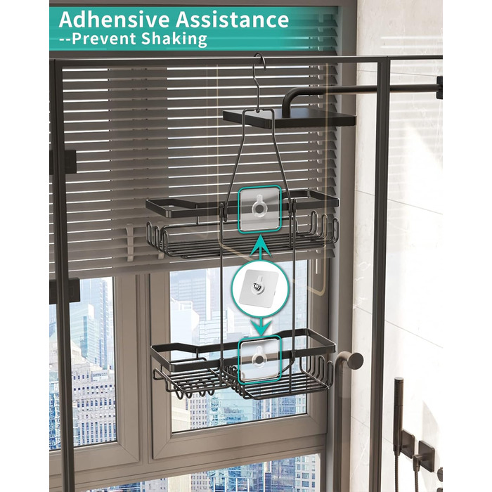 HapiRm Shower Shelf to Hang with Razor Holder & Soap Holder, Hanging Shower Shelf with Multiple Hooks - High-Quality Hanging Shower Basket Stainless Steel No Drilling, Black