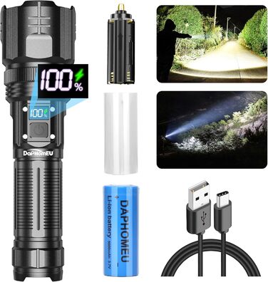 Ліхтарик Daphomeu LED акумуляторний, 500000 люмен, надяскравий, тактичний, зум, водонепроникний, 5 режимів, для кемпінгу, туризму та екстрених ситуацій