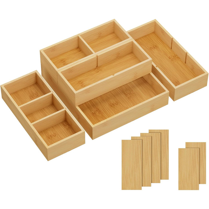 Lifewit Drawer Organizers with 6 Inserts, Adjustable Storage Box with 11 Compartments, Wooden Drawer Dividers for Kitchen Utensils, Vanity Organizer, Makeup, Office, Bathroom (5)