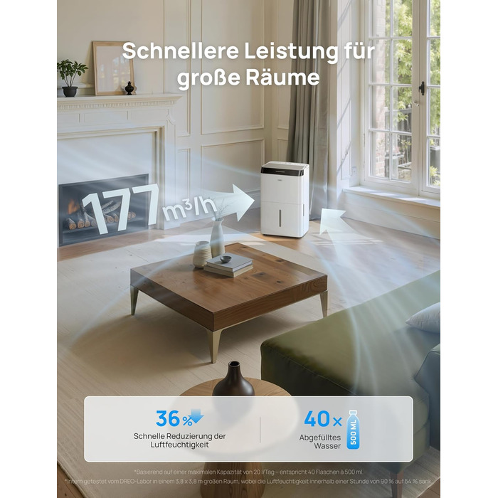 Dreo Розумний осушувач повітря /24h, для приміщень 37 м² – енергоефективний та тихий – керування через App & Alexa – 3 режими, таймер, регульована вологість, з відводом води, для спальні та ванної кімнати, білий (20L, чорний)