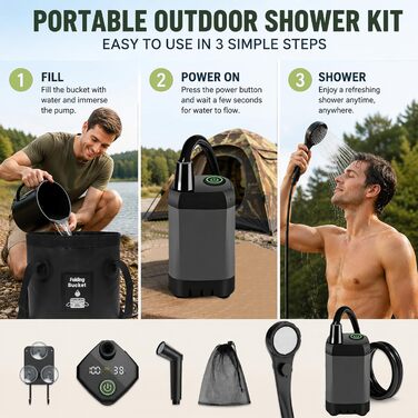 Camping Dusche 2026: Портативний душ для кемпінгу з акумулятором, 6000mAh, 3 режими, 5 галонів, складаний водостік для подорожей та походів
