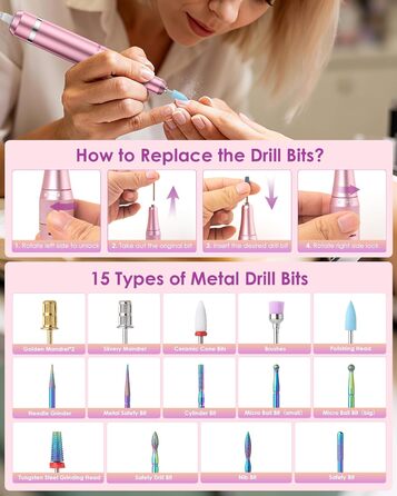 Електричний апарат для манікюру та педикюру з LCD-дисплеєм, 40000 об/хв, 15 насадок, рожевий. Для професійного та домашнього використання