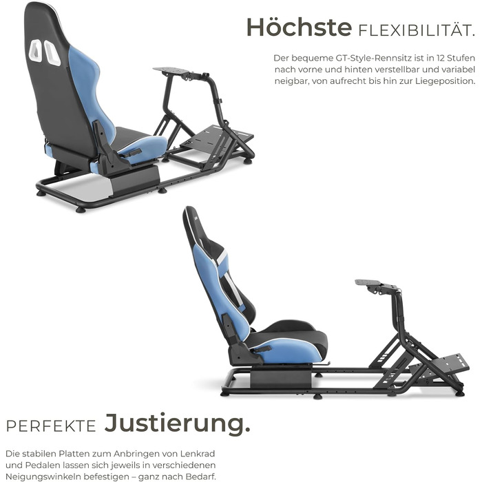 Ігровий симулятор Sim Racing Cockpit tectake® для Fanatec, Logitech, Thrustmaster, регульоване гоночне крісло GT-Style, сталевий каркас, до 120 кг (Чорний/Лазурний)