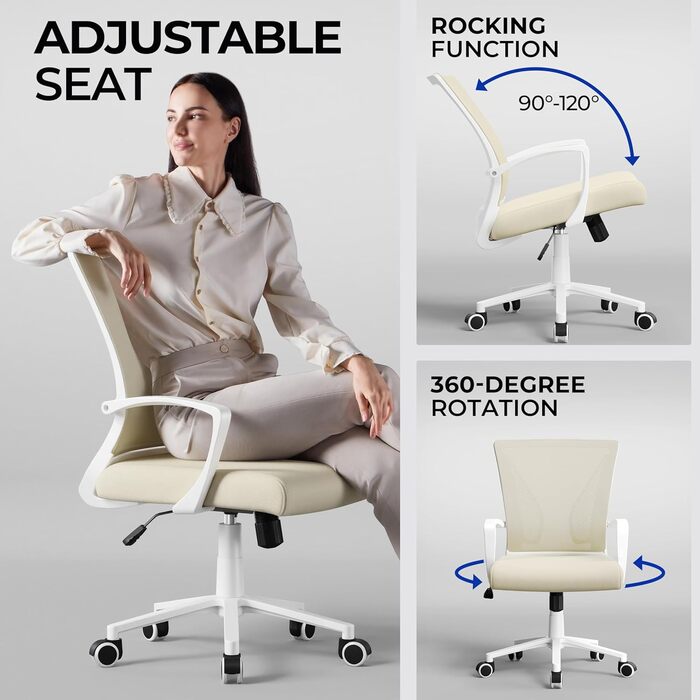 Офісний крісло Yaheetech ергономічне, з сітчастою спинкою, з підлокітниками, для офісу та дому, комп'ютерне крісло, витримує до 136 кг, дихаюче, з функцією гойдання (Бежевий)