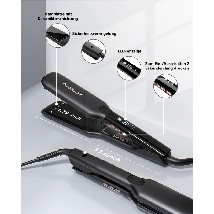 ANNLARY 2-in-1 Hair Straightener & Curling Wand with Titanium Ceramic Ion Technology - Anti-Heat Silicone Protection for Less Split Ends, Shiny Hair - Dual Voltage (110-240V) - Black/Rose Gold (1.75 inch)