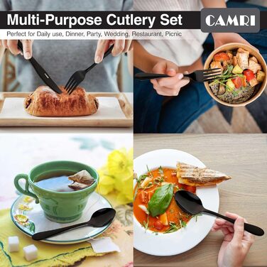 Набір столових приборів CAMRI – 16 предметів з нержавіючої сталі, столовий набір, ножі, виделки, ложки, набір для 4 осіб, придатний для миття в посудомийній машині, чорний матовий/дзеркальний дизайн