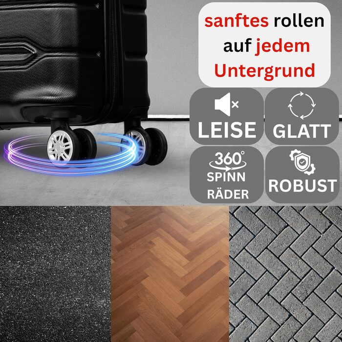 Валіза NOWI Rhodos – 3-секційний набір, жорсткий корпус ABS, кодовий замок, 4 колеса, розширювана, 360° обертання, легка та міцна. Розміри: M, L, XL (Чорний, SET)