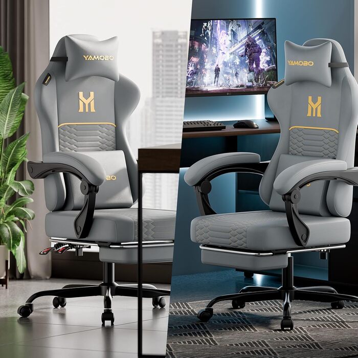 Геймерське крісло Ergonomisch з підлокітниками, підставкою для ніг, подушкою для попереку та голови, регульованою висотою, оббивка PU, сірий колір P-grey