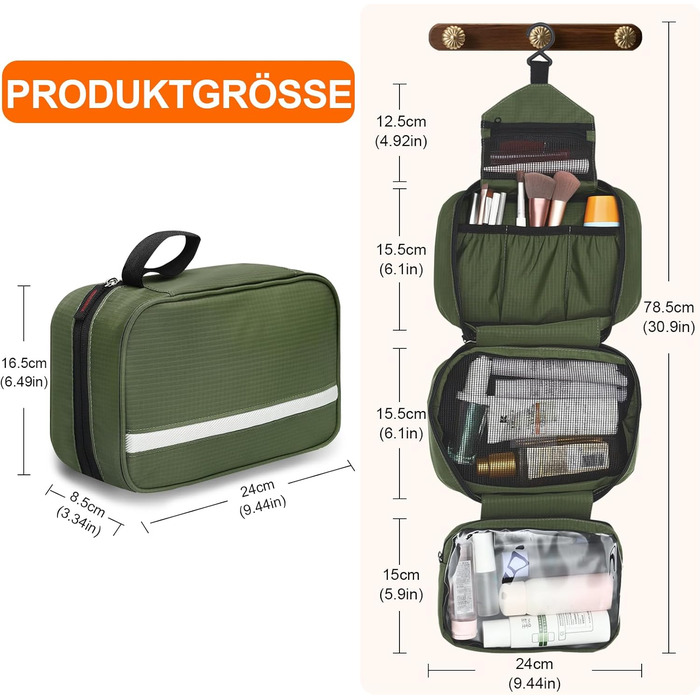 Чоловіча та жіноча косметичка для подорожей з відділеннями, водонепроникна, з гачком, зелена