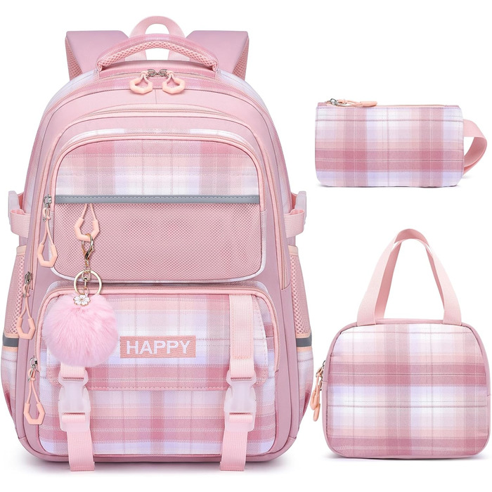 Шкільний рюкзак для дівчинки з візерунком, дихаючий та водовідштовхуючий рюкзак для 1-5 класів (рюкзак для дітей + ізольована ланч-торбинка + пенал, Рожевий)