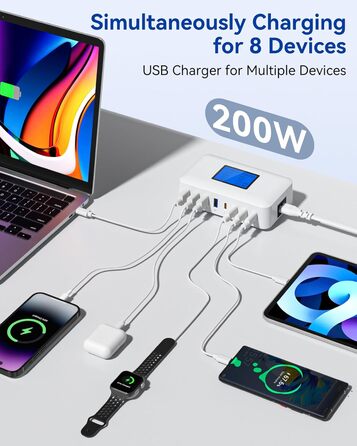 Зарядний пристрій USB-C 200W, 8 портів, LCD-дисплей, PD 65W для MacBook, iPad, iPhone 16/15/14/13 Pro/Max, Samsung S24/S23 - Чорний