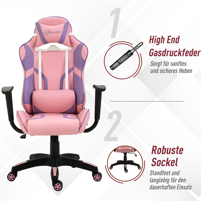 Vinsetto Gaming Chair Ergonomic Office Chair, Swivel Chair, Adjustable Massage Lumbar Cushion, Height Adjustable, Pink & Violet, 69x56x125.5cm | Aosom