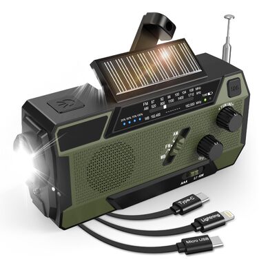 Радіо-кринка Notfall Weltempfänger 4000 mAh (14800 mWh) з 3 кабелями. Радіо для надзвичайних ситуацій з ручкою та сонячною панеллю, живлення від акумулятора, AM/FM/WB, SOS-сигнал, ліхтарик для надзвичайного спорядження Green