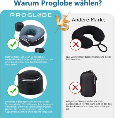 Proglobe Neck Pillow, Travel Pillow 100% Memory Foam, Orthopedic Neck Support, Ideal for Travel by Airplane, Car, Train, with 3D Sleep Mask, High-Quality Mesh Bag (Black)