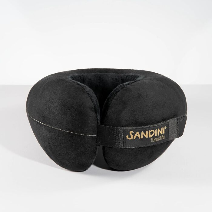 Подушка для подорожей SANDINI TravelFix Premium чорна з велюру: анатомічна підтримка шиї, з транспортним чохлом та кліпсою, виготовлено в ЄС