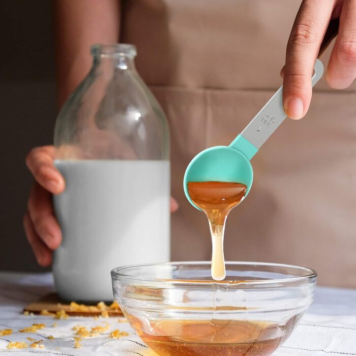 Набір мірних ложок та мірний стакан з нержавіючої сталі, 8 шт. - для рідин та твердих інгредієнтів, випічки, кулінарії (блакитно-зелений)