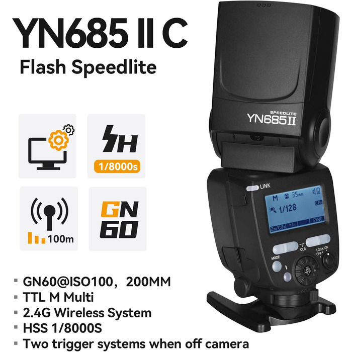 Спалаху Yongnuo YN685II: ЕTTL, HSS, 2.4G Wireless, GN60 для Canon 5DIII, 6DII, 800D, 77D, 7D2, T4i, T3i, 1300D, 70D