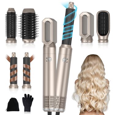 UKLISS Стайлер для волосся 6 в 1 Air Styler Set - Професійний стайлер з насадками: фен з круглою щіткою, керлер, щітка для термоукладки, фен-щітка, фен, випрямляч | для локонів, об'єму, випрямлення та сушіння (Перламутровий) (Монтліт Срібло)