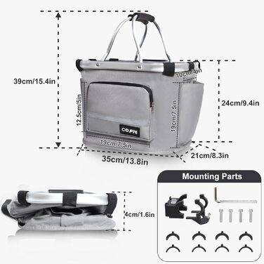 COFIT Складний велосипедний кошик, знімний багатоцільовий кошик для велосипеда, для тварин, покупок, щоденних поїздок, кемпінгу та активного відпочинку. Сірий, з бічними кишенями