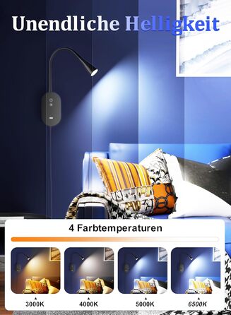 Нічна LED лампа для читання Wandleuchte з USB, 5 рівнів яскравості, сенсорне управління, гнучкий кронштейн, автовимкнення (Чорна)